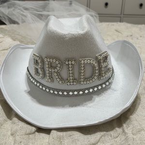 White rhinestone and pearl bride cowboy hat with veil